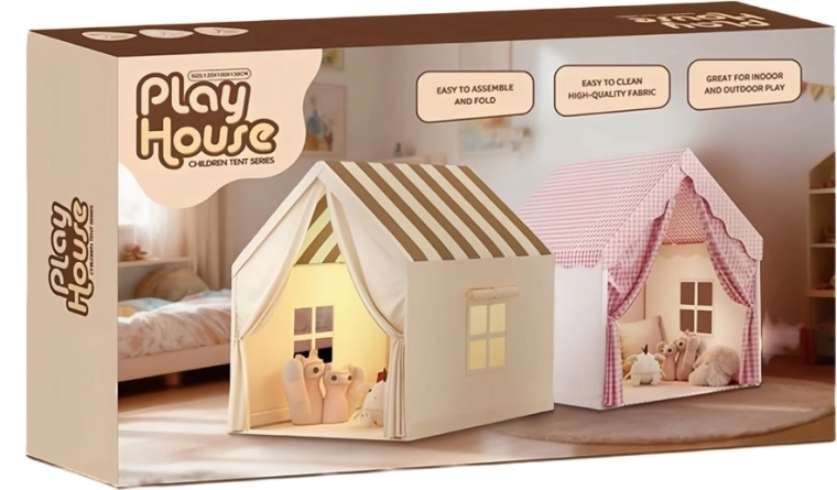 Tienda infantil plegable tipo casita para la habitación, beige con techo a rayas
