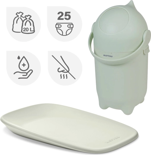 Set Nattou: cubo para pañales Dropy y cambiador Softy Green 50 × 70 cm