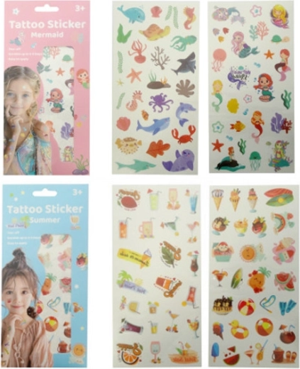 Tatuaje infantil temporal – motivos coloridos de sirenas, frutas y accesorios de verano