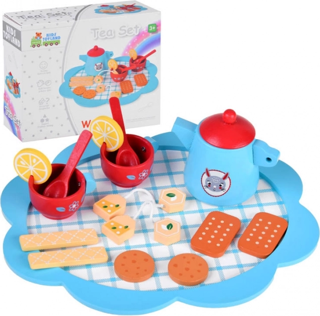 Juego de té infantil de madera azul con accesorios