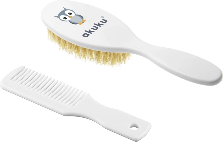 Cepillo y peine con cerdas naturales AUKUKU búho – blanco