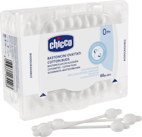 Bastoncillos de algodón Chicco con forma anatómica, 100% algodón, 60 uds