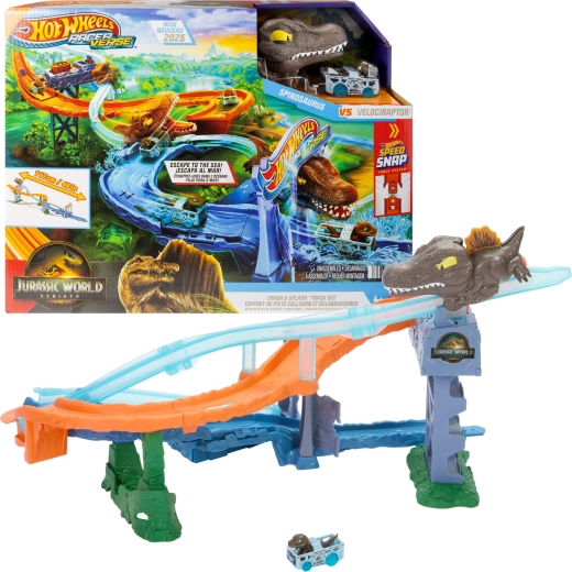 Hot Wheels RacerVerse Jurassic World Persecución marina de dinosaurios, pista de carreras con coche