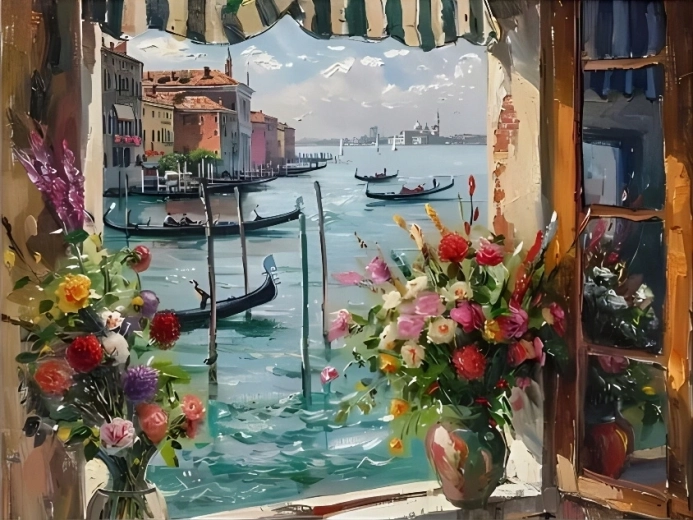 Norimpex pintura por números Ventana con vistas al puerto veneciano 40 × 50 cm