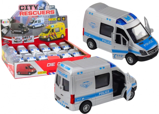 Coche de policía 1:32 con puertas que se abren, luces y sonidos