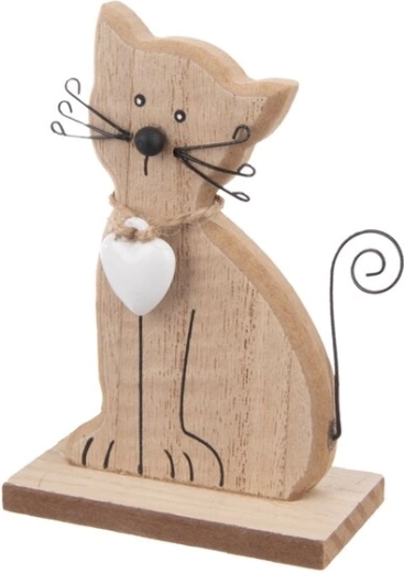 Decoración de madera gato con corazón marrón 10 cm