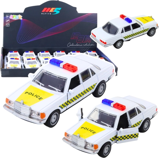 Cochecito de policía metálico 1:32 con propulsión pull-back y puertas abatibles, blanco
