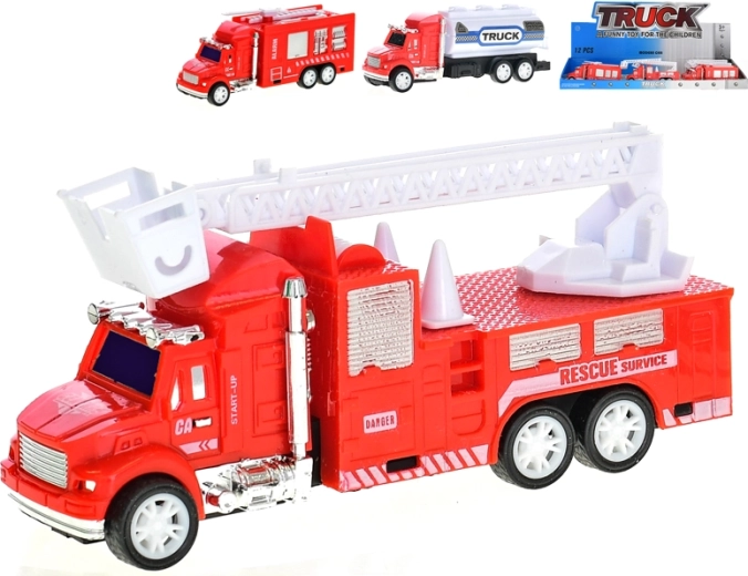 Coches de bomberos de plástico con motor de inercia 12,5 cm – escalera, cisterna y camión rociador