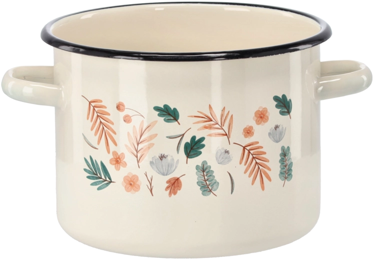 Olla esmaltada 4,5 l, 20 cm, crema con motivo de hojas