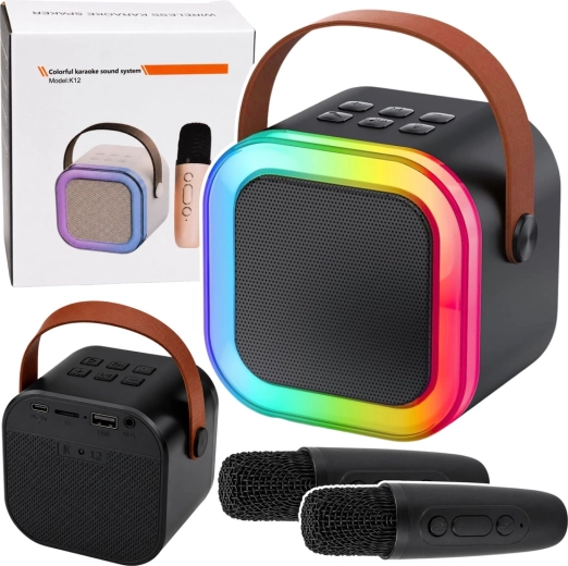Set de karaoke inalámbrico K12 – altavoz bluetooth con dos micrófonos y luces LED (negro)