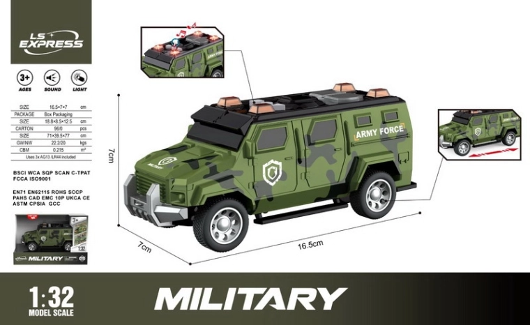 Coche militar con efectos de luz y sonido 16,5 cm