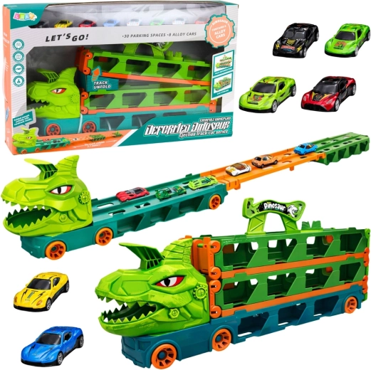 Camión de carga de dinosaurio con cochecitos 4 en 1 – transportador, pista de carreras y lanzador, 2,1 m