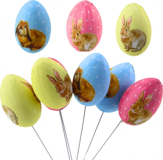 Huevo de Pascua en varillas con conejitos de colores 6 uds.