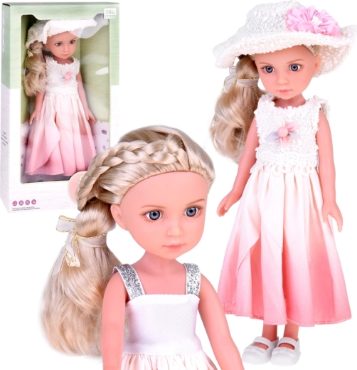 Elegante muñeca con estilo, con sombrero y largo cabello rubio