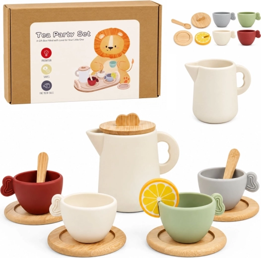 Juego de té infantil de madera con tetera y bandeja