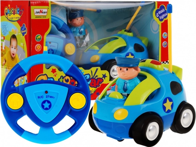Cochecito de policía RC para niños con mando con volante, figura de policía, sonidos y luces