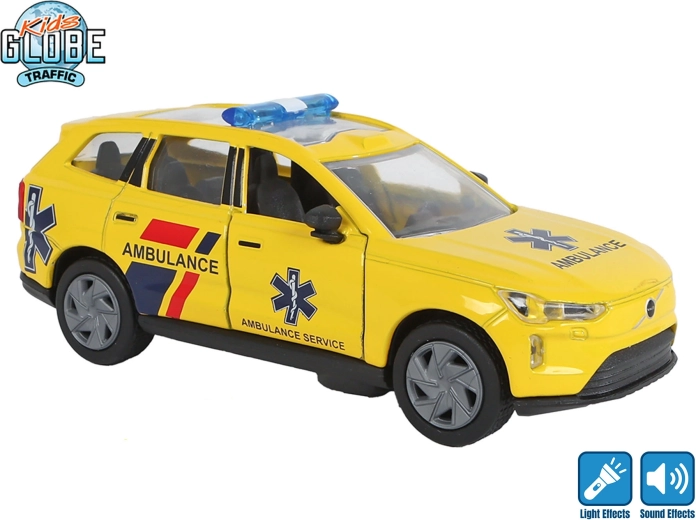 Kids Globe Traffic ambulancia metálica Volvo EX90 de retroceso con luz y sonido 13,5 cm