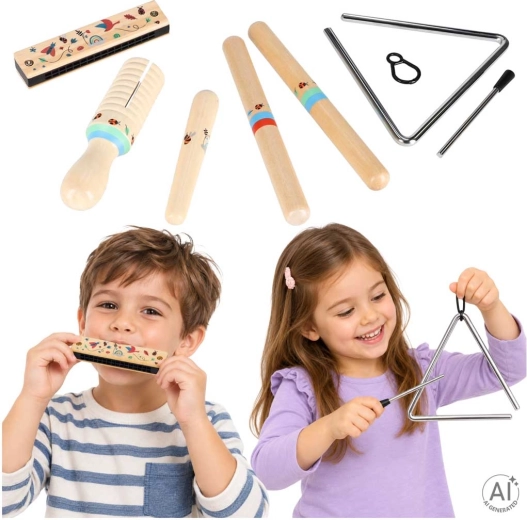 Instrumentos musicales de madera para niños – set (triángulo, palos rítmicos, armónica, güiro)