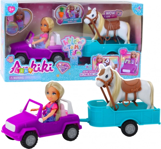 Muñeca con descapotable y remolque para caballos