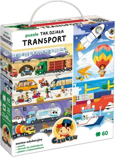 Puzzle Cómo funciona el transporte – set educativo de 60 piezas con póster y juego de búsqueda