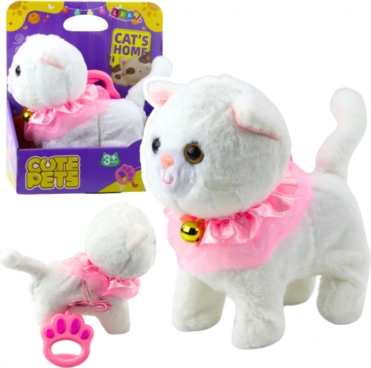 Gatito blanco interactivo con correa, cuello rosa y cascabel