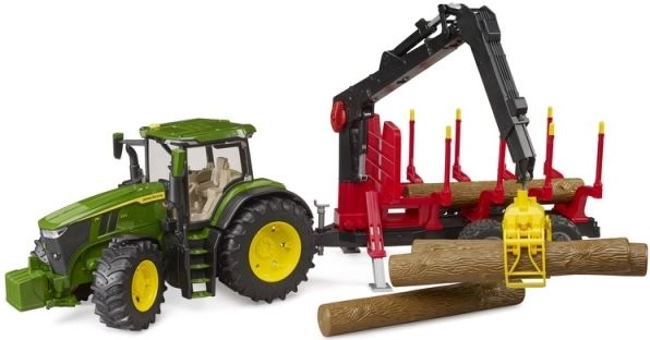 Tractor Bruder John Deere 7R 350 con remolque forestal y 4 troncos