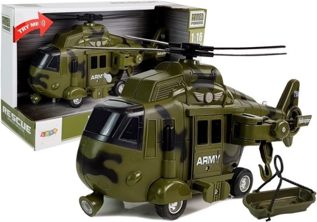 Helicóptero militar de rescate 1:16 con luces, sonidos y gancho
