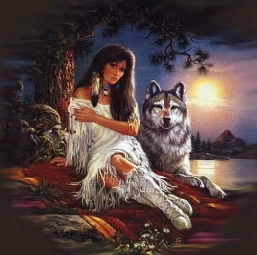 Pintura por números: india con lobo 40 × 50 cm