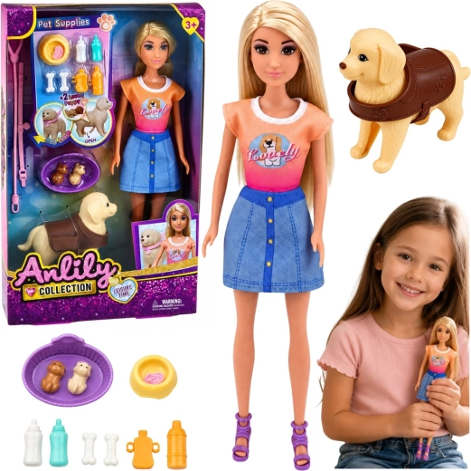Anlily muñeca de moda con perro y cachorros, set de cuidado de mascotas 30 cm