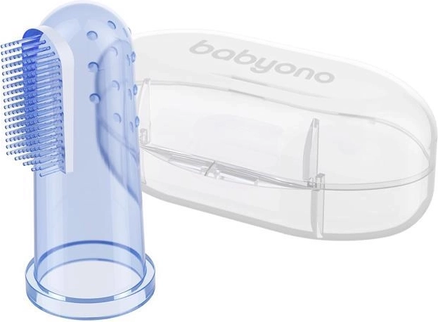 Cepillo de dientes de dedo de silicona BabyOno con estuche azul