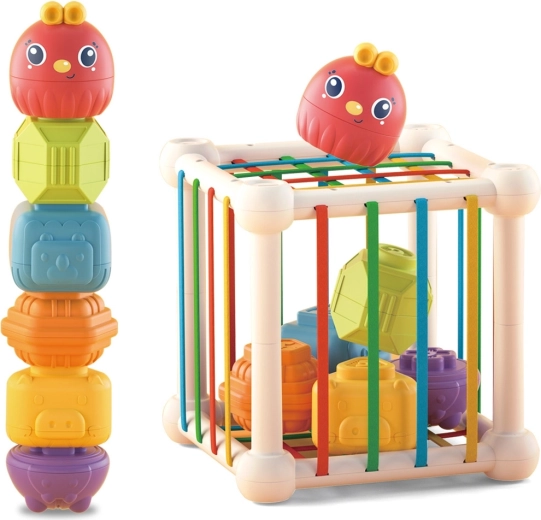 Woopie baby cubo sensorial elástico y clasificador para niños con animalitos + sonajero, 7 piezas