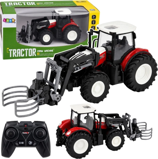 Tractor agrícola RC teledirigido con cargador frontal y pinza para fardos 1:24, rojo