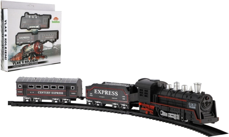 Tren con vías a pilas (locomotora + 2 vagones)