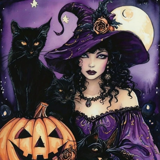 Pintura de diamantes Bruja con gato negro y calabaza 30 × 40 cm