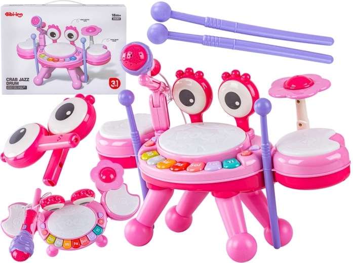 Mini batería educativa cangrejo con pianito y micrófono rosa - 1 unidad