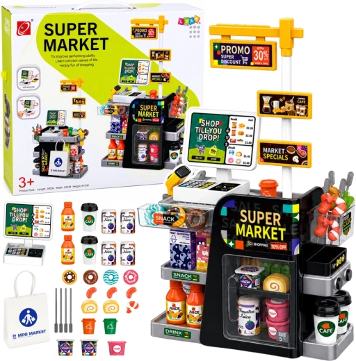 Supermercado infantil con caja registradora, escáner y dispensador de bebidas (65 piezas)