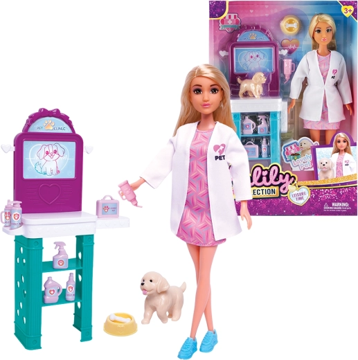 Muñeca veterinaria con cachorrito y accesorios