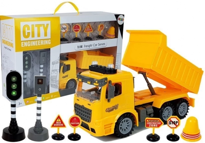 Juego de construcción: camión con señales de tráfico y luces 1:14 amarillo