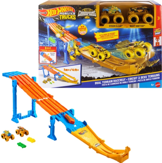 Hot Wheels Monster Trucks pista de carreras 2 en 1 dual terrain raceway + 2 monster trucks