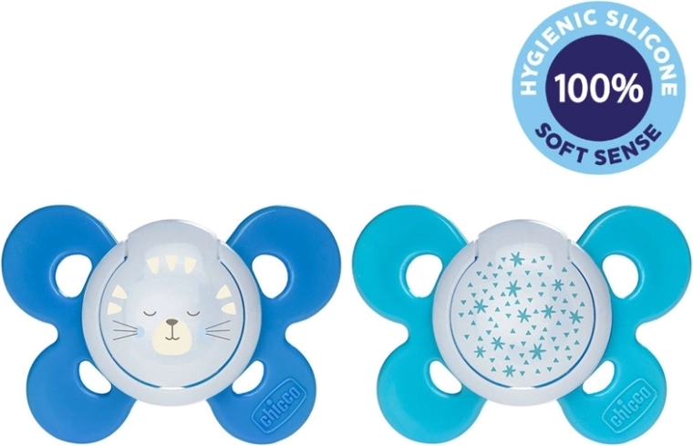 Chicco Physio Comfort chupete nocturno de silicona para niños 16–36 meses gato y estrellas 2 uds