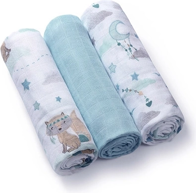 Pañales de muselina de bambú BABYONO 70 × 70 cm, 3 uds., azul