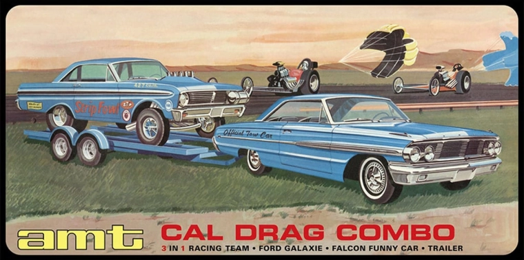 Modelo de plástico AMT 3 en 1 Cal Drag Combo 1964 Galaxie, AWB Falcon y remolque 1:25 - 1 pieza