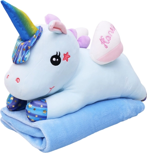 Unicornio de peluche 3 en 1 con manta, azul 55 cm (manta 160 × 110 cm)