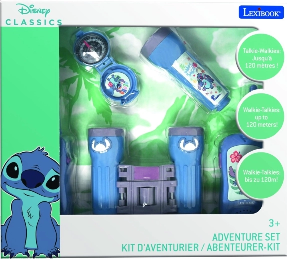Set infantil de exploración LEXIBOOK STITCH: walkie-talkies, prismáticos, linterna y brújula