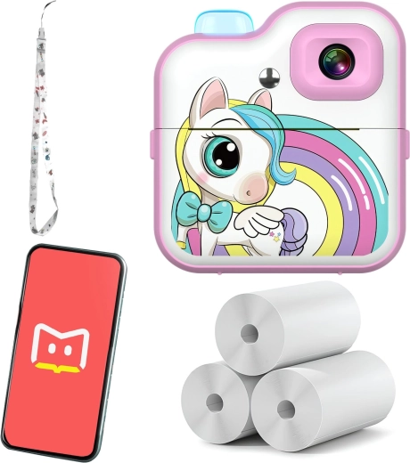 Cámara instantánea infantil Renew Force con impresión térmica, unicornio rosa