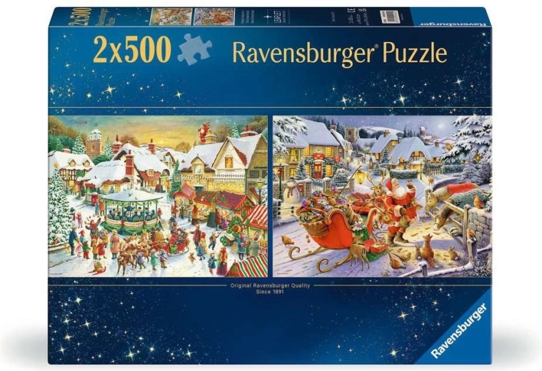 Puzzle Ravensburger: mercado navideño y cena de Nochebuena con Santa 2×500 piezas