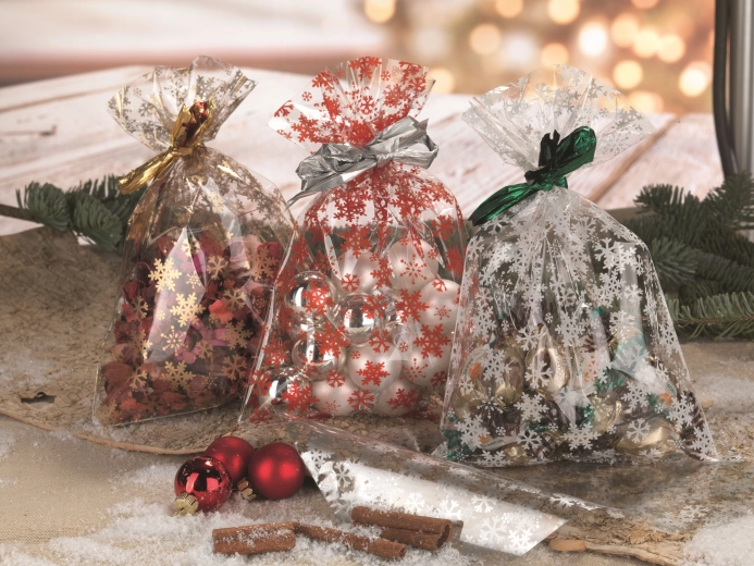 Bolsa de celofán 16 × 25 cm transparente con motivo de copos de nieve
