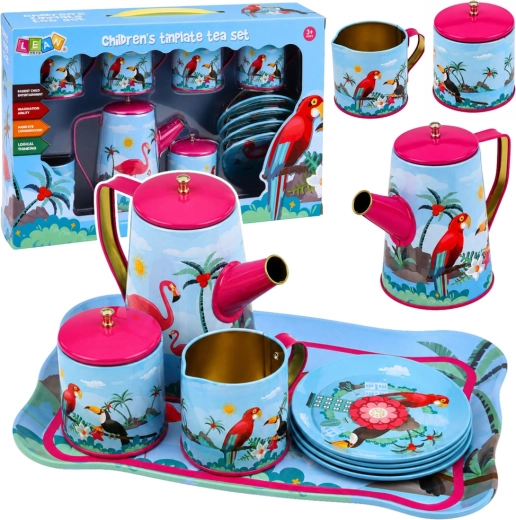 Juego de té infantil de metal con loros – motivo exótico, 12 piezas