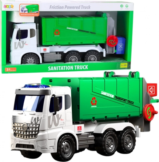 Gran camión de basura con contenedor elevable, luces y sonidos, verde 1:10
