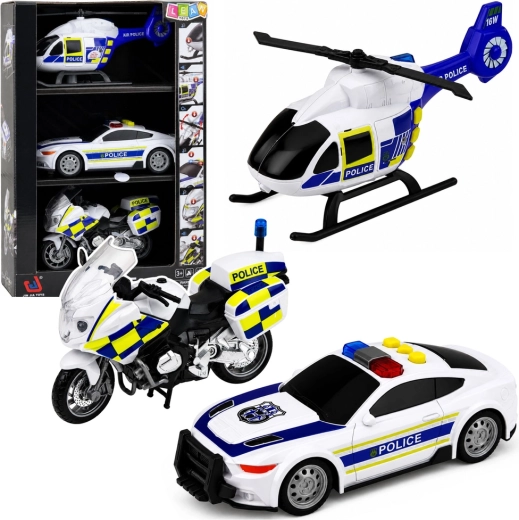 Set de vehículos policiales con helicóptero, coche y moto con luces y sonidos 1:32